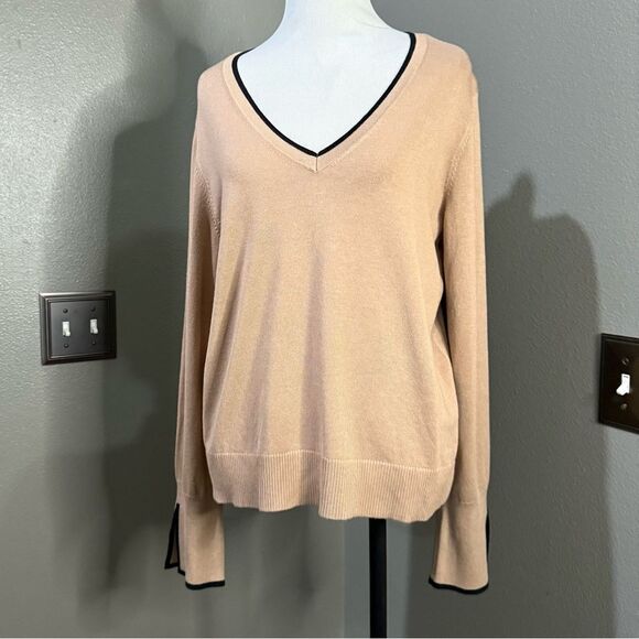Halogen contrast Trim Sweater Tan Black V-neck Slit Sleeves - Picture 2 of 11